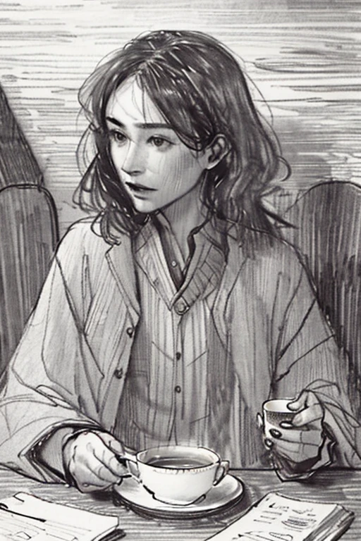 best quality, masterpiece:1.2),(realistic, photorealistic:1.2),solo,sitting in the desk with hot tea in the table, Beautiful face, long haired girl with pony, an extremely delicate and beautiful scenery,lifelike,monochrome,sketch,traditional media,Pencil drawing, gloomy face, wooden wall background
