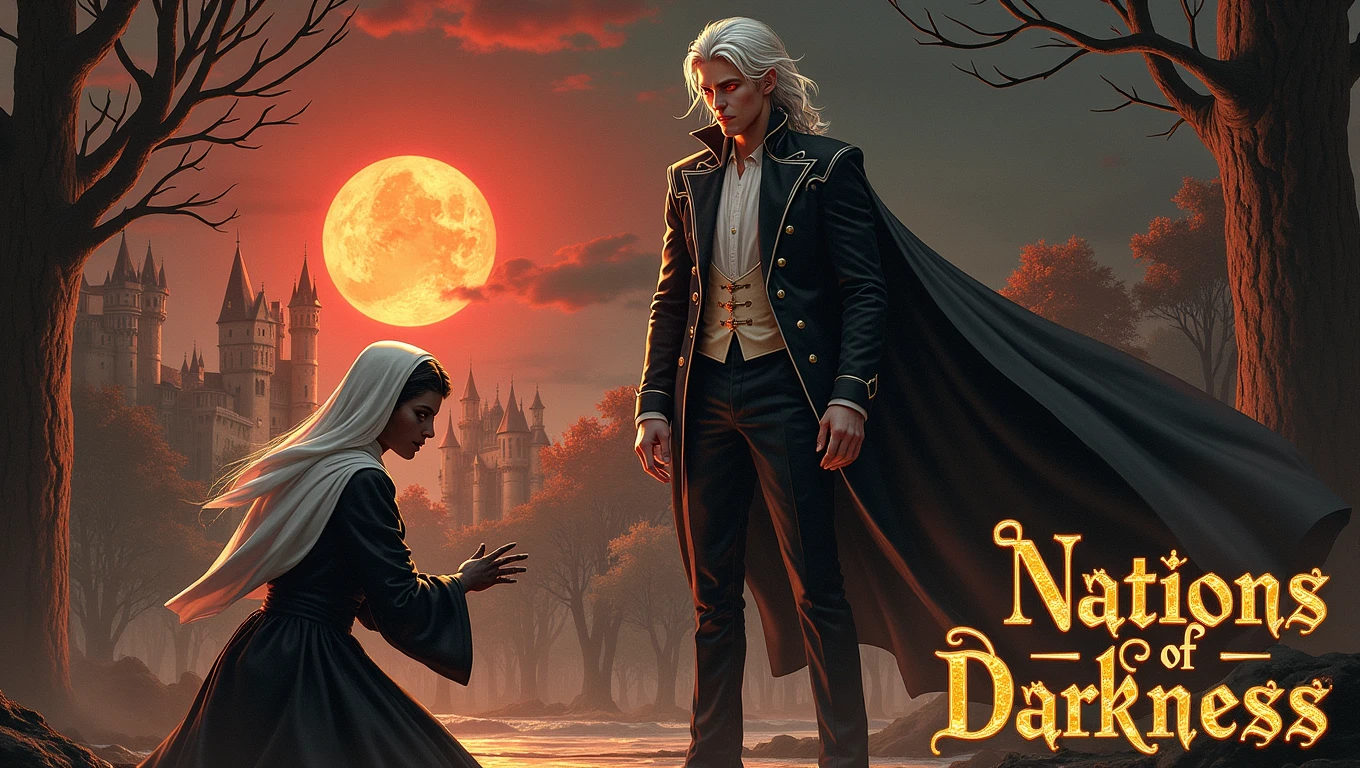 Title: The title “Nations of Darkness” uses a gold font with a three-dimensional metallic effect.
Primary Character: A silver-haired, red-eyed vampire named David, wearing a European-style tuxedo and a long black cape on his back.
Secondary Characters: A dark-haired female vampire and a white-haired nun kneeling down and submitting to the vampire David.
Background: a highly accurate realistic background, at night, with a European-style castle behind it, woods on either side, and a red moon in the sky

Translated with DeepL.com (free version)