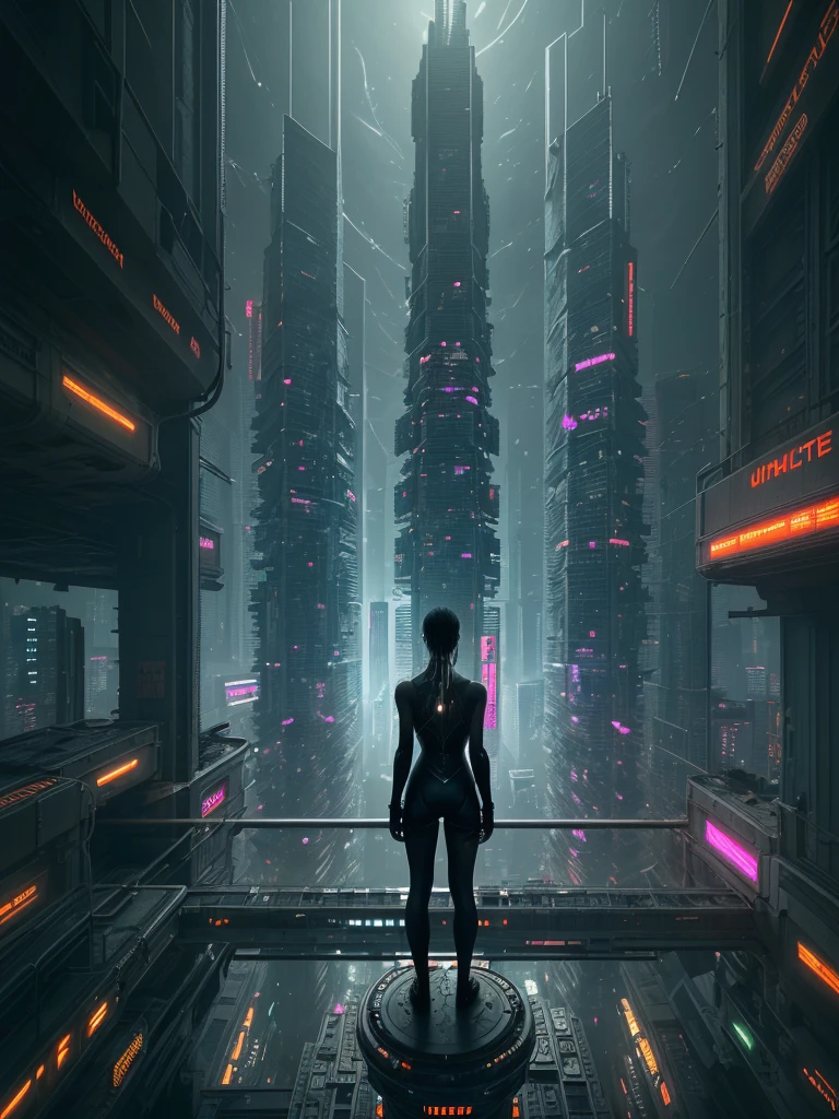 Create an image featuring a person standing at the edge of a platform, looking down into a deep, vertical cityscape that extends far below. The city should be densely packed with futuristic buildings, pipes, and neon lights, creating an intricate network that fades into a glowing center at the bottom. The atmosphere should be moody and cyberpunk-inspired, with a sense of vastness and depth.