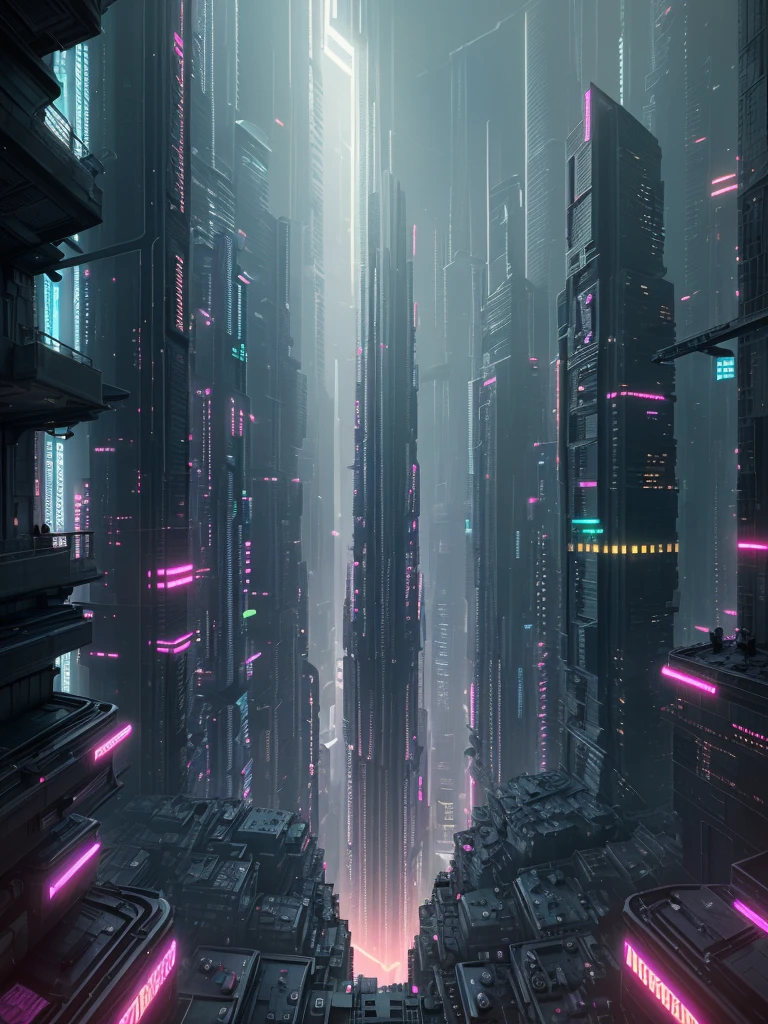 Create an image featuring a person standing at the edge of a platform, looking down into a deep, vertical cityscape that extends far below. The city should be densely packed with futuristic buildings, pipes, and neon lights, creating an intricate network that fades into a glowing center at the bottom. The atmosphere should be moody and cyberpunk-inspired, with a sense of vastness and depth.