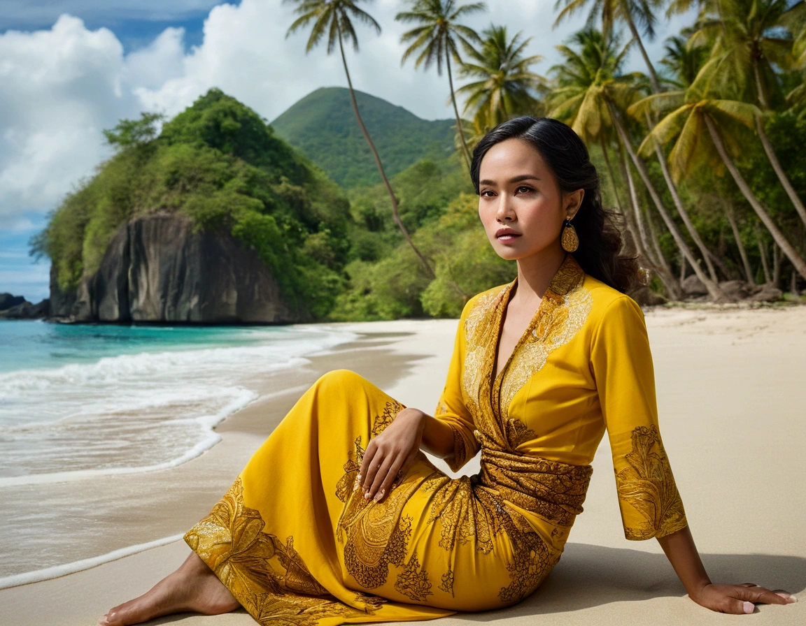 A stunning cinematic photo of a beautiful Indonesian woman wearing a vibrant yellow kebaya and batik sarong, sitting on a pristine beach in Lombok Island, Indonesia. Her expression is serious and contemplative, with a hint of vulnerability. The background features a breathtaking landscape of turquoise waters, golden sand, and palm trees swaying in the gentle breeze. The overall atmosphere of the image is dramatic and evocative, showcasing the rich culture and natural beauty of Indonesia., poster, cinematic, fashion, photo