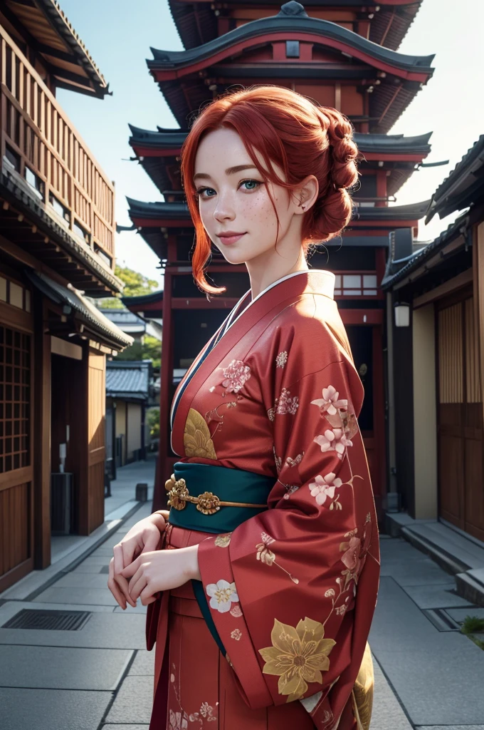 A beautiful young Caucasian girl with striking red hair, green eyes, and freckles, wearing a kimono, smiling as she stands in a Japanese street, (best quality,4k,8k,highres,masterpiece:1.2),ultra-detailed,(realistic,photorealistic,photo-realistic:1.37),portrait,hyperrealistic,cinematic lighting,intricate details,vibrant colors,delicate skin,lush fabrics,ornate architecture