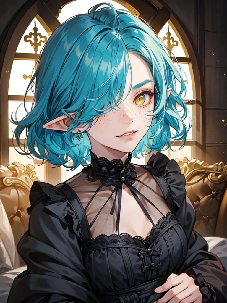 1 girl, short height, turquoise hair, short wavy hair, messy hair, ((hair over one eye:1.3)), sharp eyes, yellow eyes, freckles around the nose, evil expression, smirk, (gothic ta), (pointy ears), vintage living room.