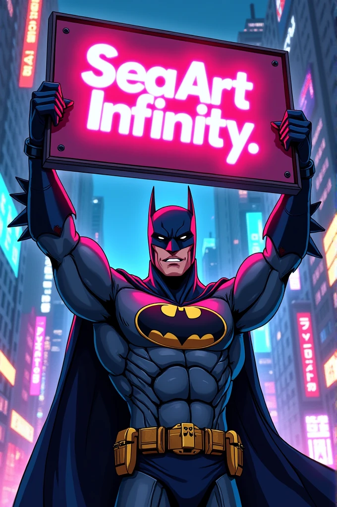 batman holding a sign that says SeaArt Infinity, SeaArt Infinity, hero pose colorful city lighting, from movie batman, dan mumford. 8 k octane render, anigirl batman, 8k render”, cyberpunk batman, adam west as batman 2022, the batman, inspired by Jim Lee, 8k comic art, dan mumford. octane render, high detail iconic character