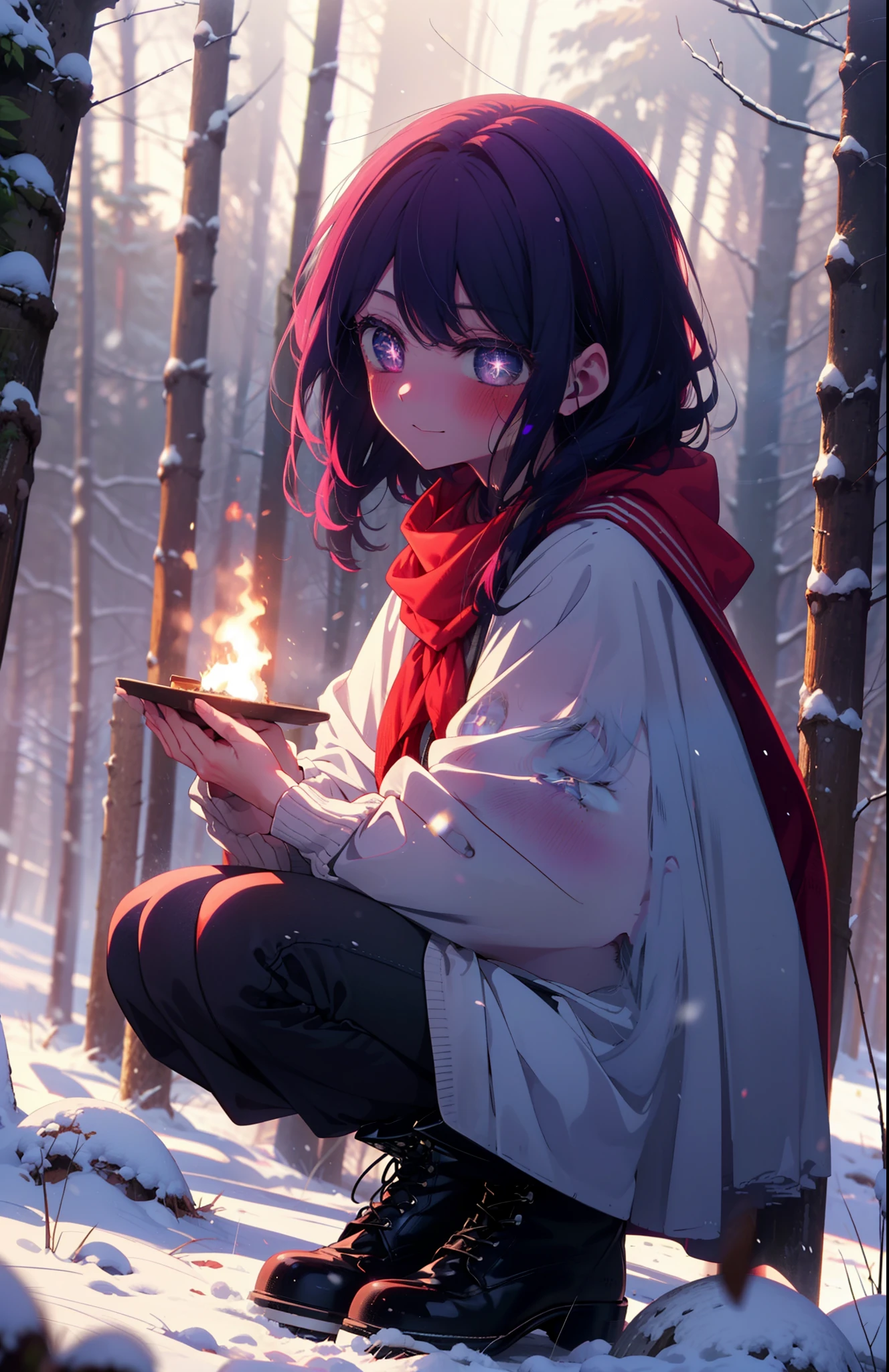 aihoshino, Ai Hoshino, Long Hair, bangs, (Purple eyes:1.1), Purple Hair, (Symbol-shaped pupil:1.5), smile,,smile,blush,white breath,
Open your mouth,snow,Ground bonfire, Outdoor, boots, snowing, From the side, wood, suitcase, Cape, Blurred, , forest, White handbag, nature, Squat, Mouth closed, Cape, winter, Written boundary depth, Black shoes, red Cape break looking at viewer, Upper Body, whole body, break Outdoor, forest, nature, break (masterpiece:1.2), Highest quality, High resolution, unity 8k wallpaper, (shape:0.8), (Beautiful and beautiful eyes:1.6), Highly detailed face, Perfect lighting, Highly detailed CG, (Perfect hands, Perfect Anatomy),