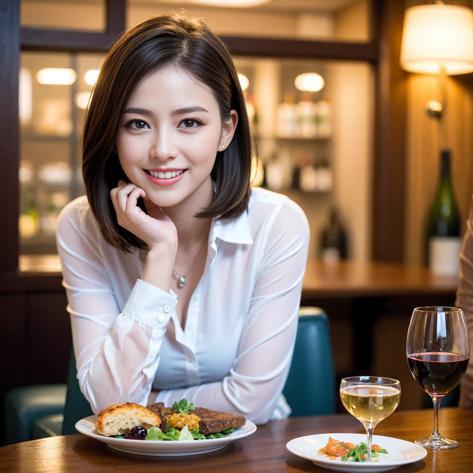 ((Highest quality、8k、masterpiece:1.3))、slimカップル、Pink rubber、modelカップル、(Realistic, Intricate details:1.2), full-course dinner、Wine Party、Amazing view of the sunset sky and clouds、A bright smile、The wonderfulness of smile、Bright image、The beauty of wine, Beautiful Face, blue eyes, The light shines on your face, blush, short hair,Bright Face、 (Age 37), 39 years old, red wine 、Appetizers、Italian food、Wine bottle、Champagne、sparkling wine、Two beauties、Brown Hair、Shortcuts、Long sleeve shirt、dress、Beautiful woman 1, (slimな顔), (The body is slim), (Brown Hair), (Shortcuts), cheeks turn a little red,Attractive beauty、restaurant, In a prominent place (From the waist up) Nova Frog Style, actress, model, Upper Body, White wine, slim, wine glass, 中央に置かれたwine glass, smile, (smile: 1.15), Beautiful fine grain, Depth f/2,saturation, High Contrast, Strong light and shadow,Moist Body:1.5、3D texture、Delicate eyes、Brown Hair、The hair is very shiny、