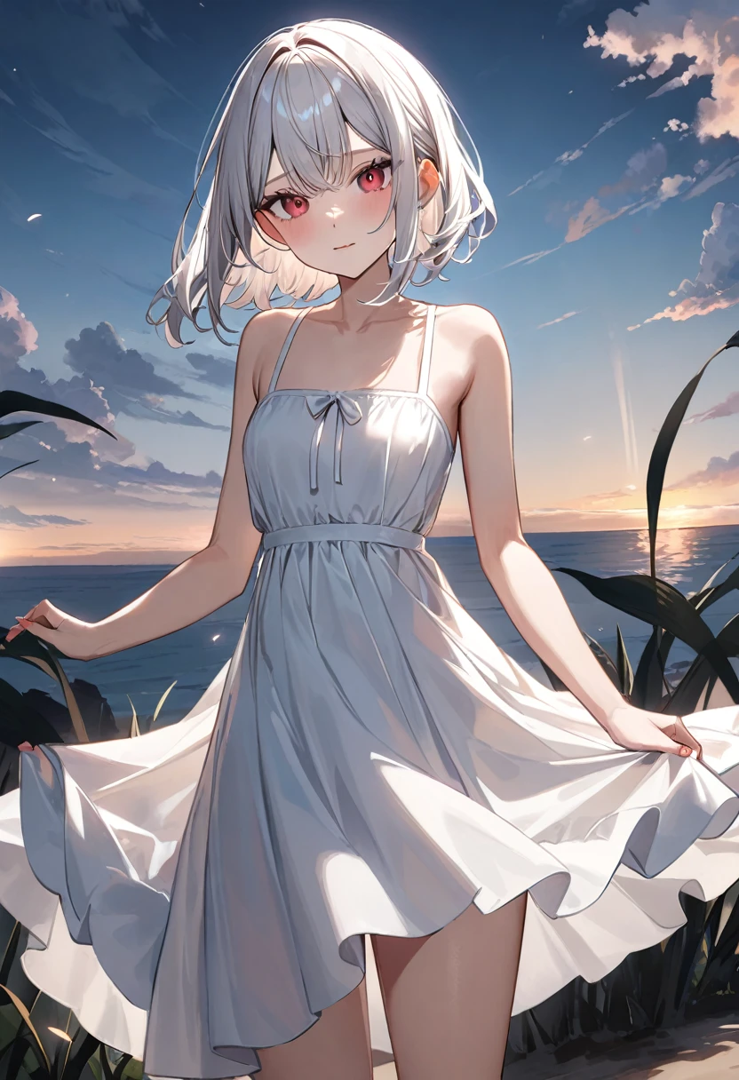 (masterpiece, top quality, very aesthetic, 4k、illustration), intricate detail, 1woman,、solo,contrapposto 、Strong glowing eyes、,(cowboy shot)、、(),beautiful face、from side、serious、straight hair、(red to white gradient hair)、,middle hair,sidelock ,レッド　eyes、white Summer Dresses、small breasts、Slim 、dim