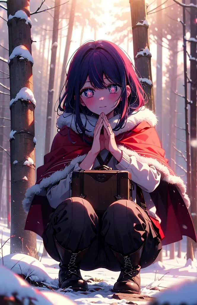 aihoshino, Ai Hoshino, Long Hair, bangs, (Purple eyes:1.1), Purple Hair, (Symbol-shaped pupil:1.5), smile,,smile,blush,white breath,
Open your mouth,snow,Ground bonfire, Outdoor, boots, snowing, From the side, wood, suitcase, Cape, Blurred, , forest, White handbag, nature, Squat, Mouth closed, Cape, winter, Written boundary depth, Black shoes, red Cape break looking at viewer, Upper Body, whole body, break Outdoor, forest, nature, break (masterpiece:1.2), Highest quality, High resolution, unity 8k wallpaper, (shape:0.8), (Beautiful and beautiful eyes:1.6), Highly detailed face, Perfect lighting, Highly detailed CG, (Perfect hands, Perfect Anatomy),