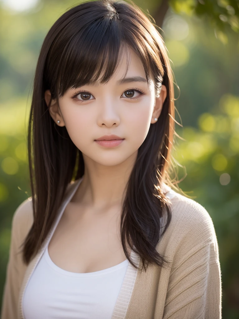 One Girl, (beautiful girl, Delicate girl:1.3), (:1.3),
break, (Cardigan Costume:1.3),
break, (Sitting in the forest:1.2),
break, Very beautiful eyes, (Symmetrical eyes:1.3),
break, Small breasts, Brown eyes, Parted bangs, Brown Hair, (Upper teeth, The best smile:0.2),
break, (Eye and facial details:1.0),
break, (masterpiece, Highest quality, Very detailed, Detailed face, 8k)