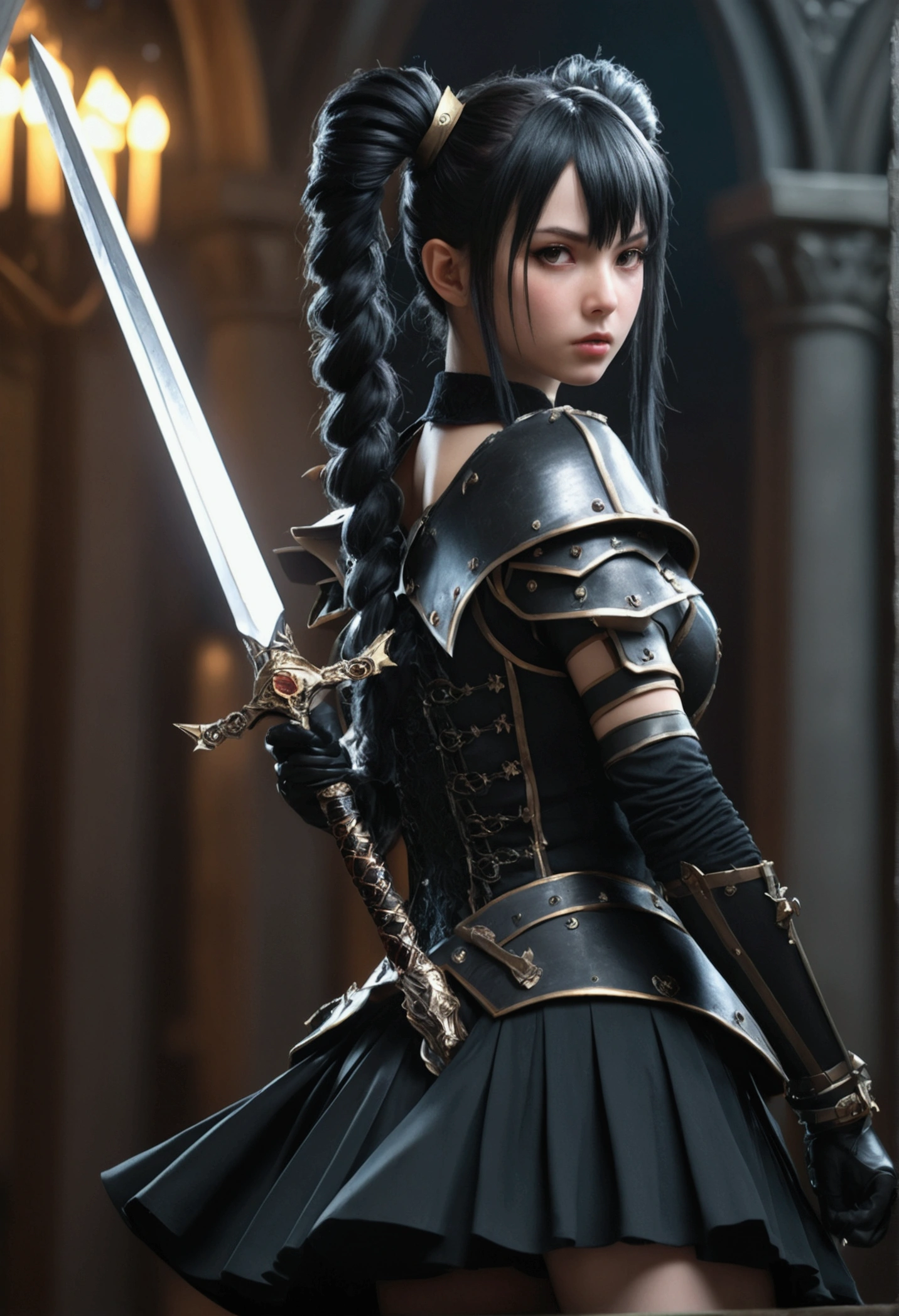 (best quality,8k,highres,masterpiece:1.2),ultra-detailed,(realistic,photorealistic,photo-realistic:1.37),dark fantasy,gothic,anime,magical girl,twin tails,big sword,dramatic lighting,moody atmosphere,intricate armor and clothing details,glowing magical elements,cinematic composition,detailed facial features,dynamic action pose
