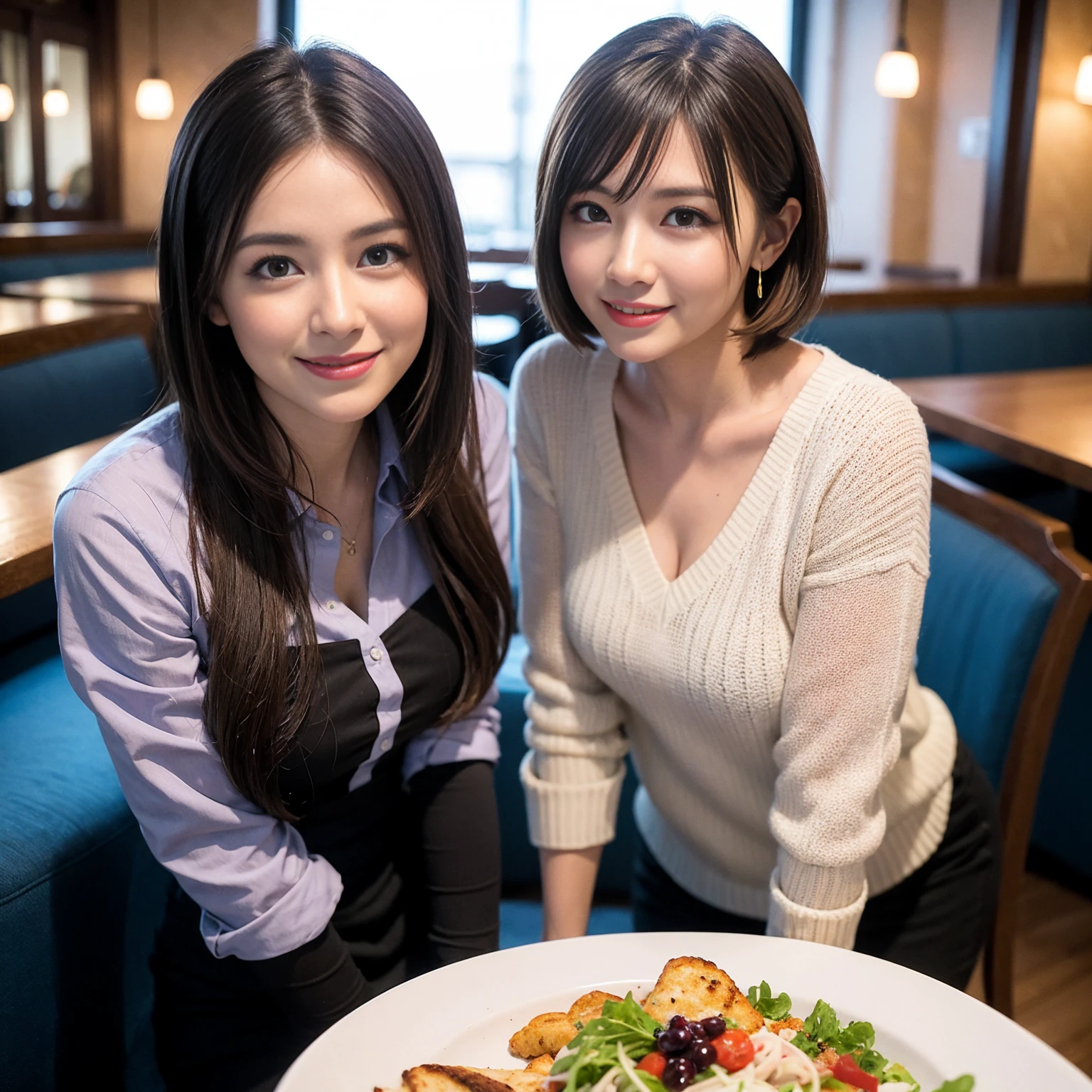 ((Highest quality、8k、masterpiece:1.3))、Yuuko Araki、slimカップル、Pink rubber、modelカップル、(Realistic, Intricate details:1.2), full-course dinner、Wine Party、Amazing view of the sunset sky and clouds、A bright smile、The wonderfulness of smile、Bright image、The beauty of wine, Beautiful Face, blue eyes, The light shines on your face, blush, short hair,Bright Face、 (Age 37), 39 years old, red wine 、Appetizers、Italian food、Wine bottle、Champagne、sparkling wine、Two beauties、Brown Hair、Shortcuts、Long sleeve shirt、dress、Beautiful woman 1, (slimな顔), (The body is slim), (Brown Hair), (Shortcuts), cheeks turn a little red,Attractive beauty、restaurant, In a prominent place (From the waist up) Nova Frog Style, actress, model, Upper Body, White wine, slim, wine glass, 中央に置かれたwine glass, smile, (smile: 1.15), Beautiful fine grain, Depth f/2,saturation, High Contrast, Strong light and shadow,Moist Body:1.5、3D texture、Delicate eyes、Brown Hair、The hair is very shiny、