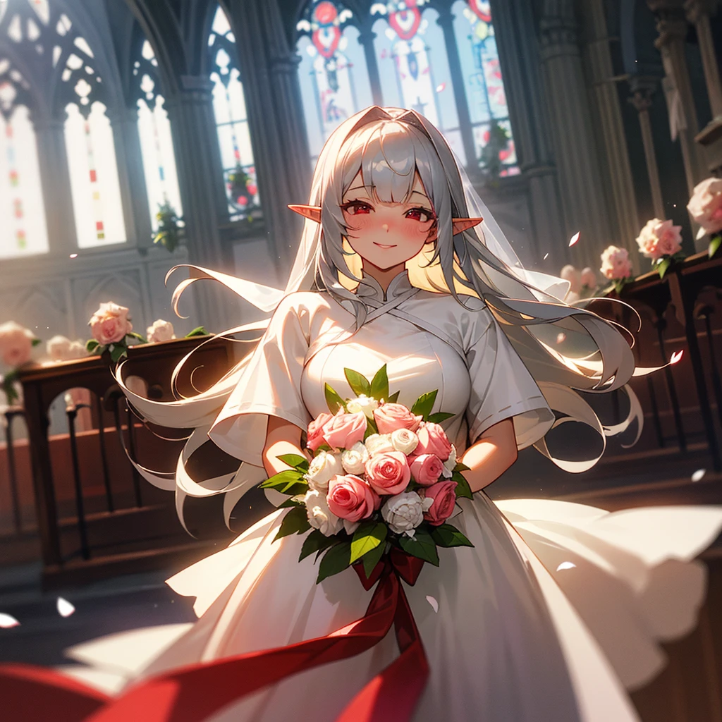 A mature woman,long silver hair with straight bangs,red eye,elf ear,Wearing a wedding dress and holding a bouquet of flowers,smiling and blushing to camera,roses petal around her,scenery is In the church hall behind her