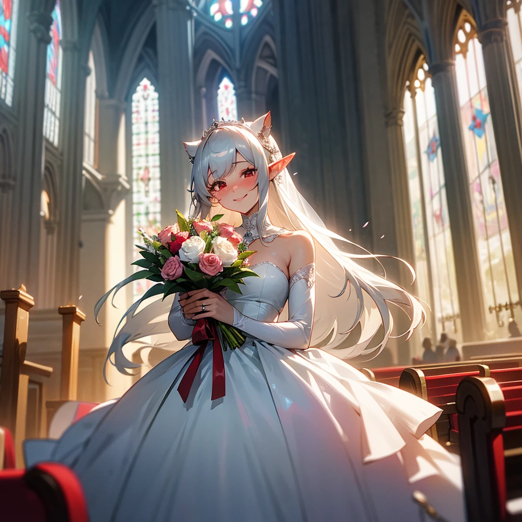 A mature woman,long silver hair with straight bangs,red eye,elf ear,Wearing a wedding dress and holding a bouquet of flowers,smiling and blushing to camera,roses petal around her,scenery is In the church hall behind her
