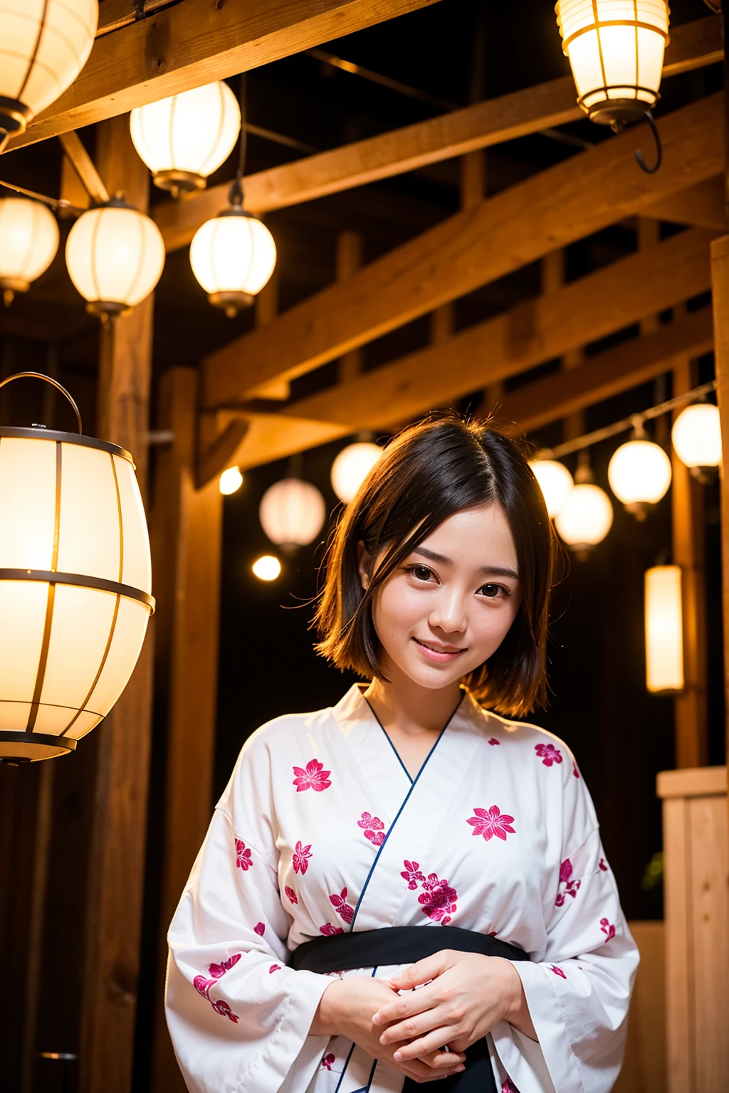 Top quality, A beautiful young woman with very short hair, wearing an elegant yukata adorned with delicate floral patterns. She stands gracefully under a lantern-lit path at a traditional Japanese festival. The soft glow of the lanterns highlights her serene smile and the intricate details of her yukata, creating a captivating and enchanting atmosphere.