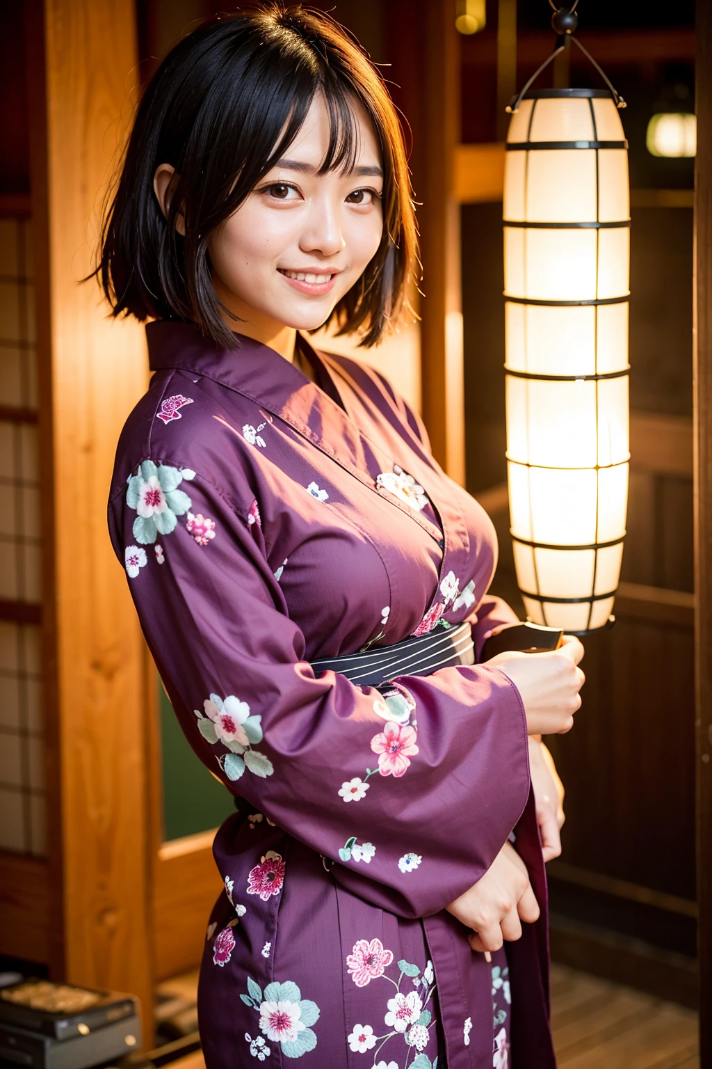 Top quality, A beautiful young woman with very short hair, wearing an elegant yukata adorned with delicate floral patterns. She stands gracefully under a lantern-lit path at a traditional Japanese festival. The soft glow of the lanterns highlights her serene smile and the intricate details of her yukata, creating a captivating and enchanting atmosphere.