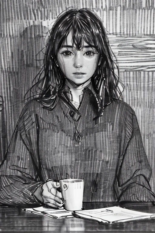 best quality, masterpiece:1.2),(realistic, photorealistic:1.2),solo,sitting in the desk with hot tea in the table, Beautiful face, long haired girl with pony, an extremely delicate and beautiful scenery,lifelike,monochrome,sketch,traditional media,Pencil drawing, gloomy face, wooden wall background