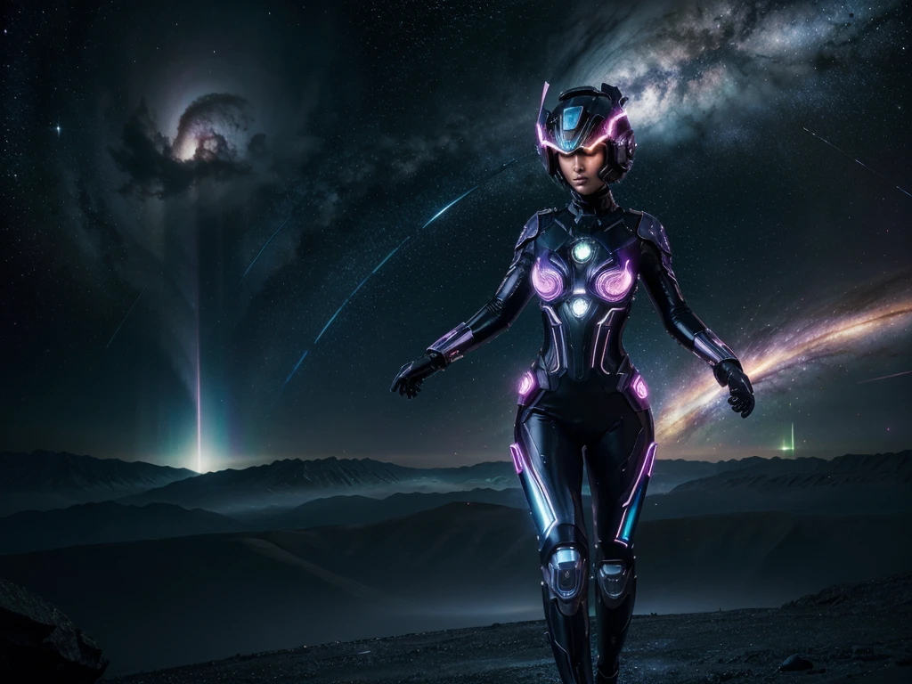 A resplendently daring nebula navigator, her sleek metallic suit shimmering with cosmic dust and twisted starlight, boldly strides through the endless expanse of a swirling galaxy. This striking image is a digital artwork, expertly rendered with crisp details and vibrant colors. Her helmet gleams with intricate engravings, reflecting the kaleidoscope of colors surrounding her, while glowing energy coils adorn her wrists. The background is a mesmerizing blend of swirling purples and greens, giving the impression of a celestial dance. The overall effect is a breathtaking fusion of futuristic fashion and cosmic beauty, inviting viewers to explore the wonders of the universe.