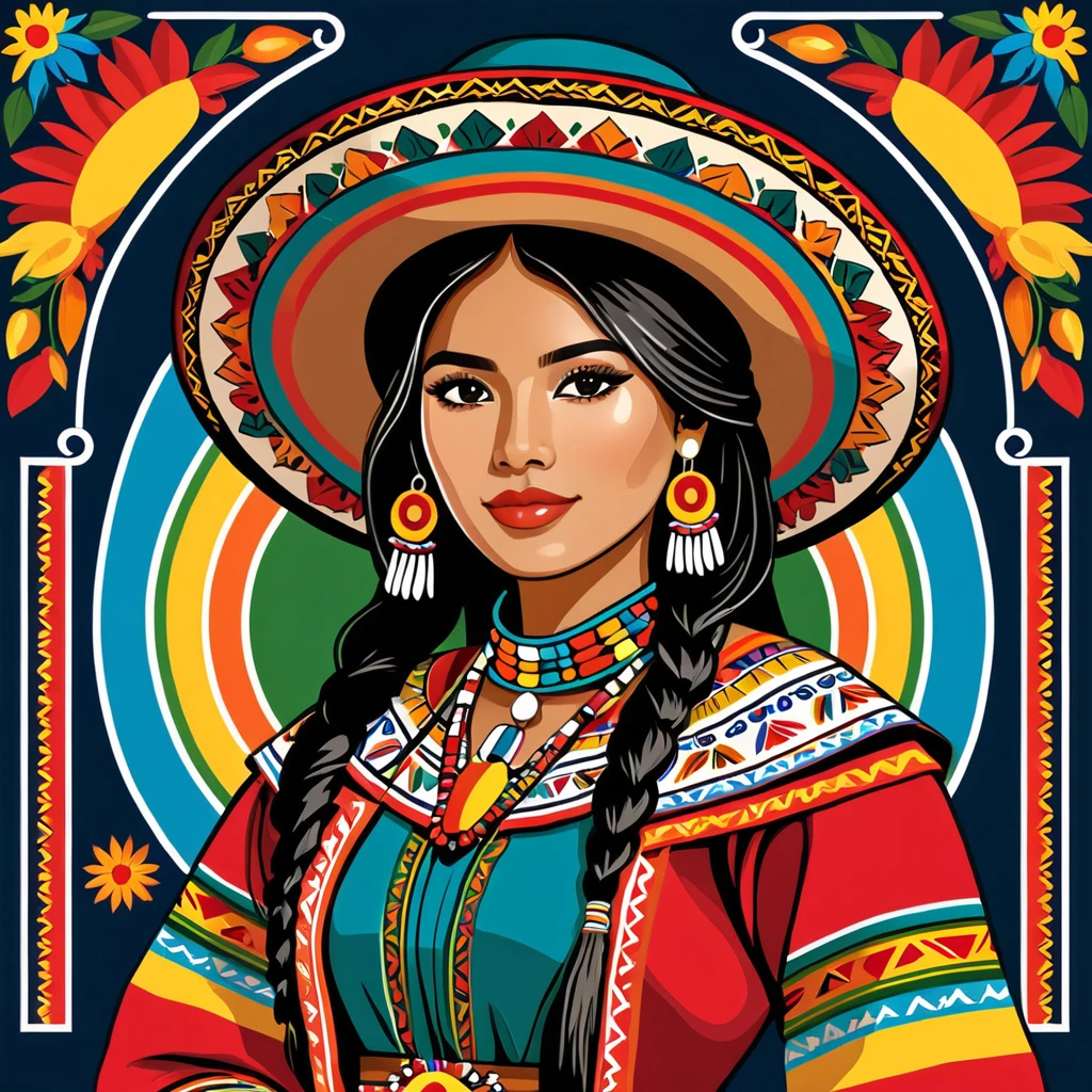 woman in bolivia folk outfit, vector graphics, strong contours
