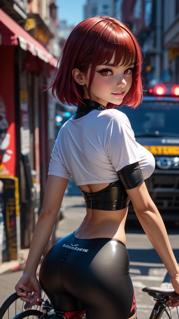 1loli, (solo), kana arima, short hair, red hair, bangs, bob hair, (red eyes:1.4), (bright eyes), (big eyes:1.1), (wide eyes:1.1), small breasts, (charming smile), bicycle uniform, latex, BREAK (from back), (look back), hip focus, BREAK (masterpiece:1.2),(best quality:1.2), (ultra-detailed:1.5), newest, ai-generated, (anime style),