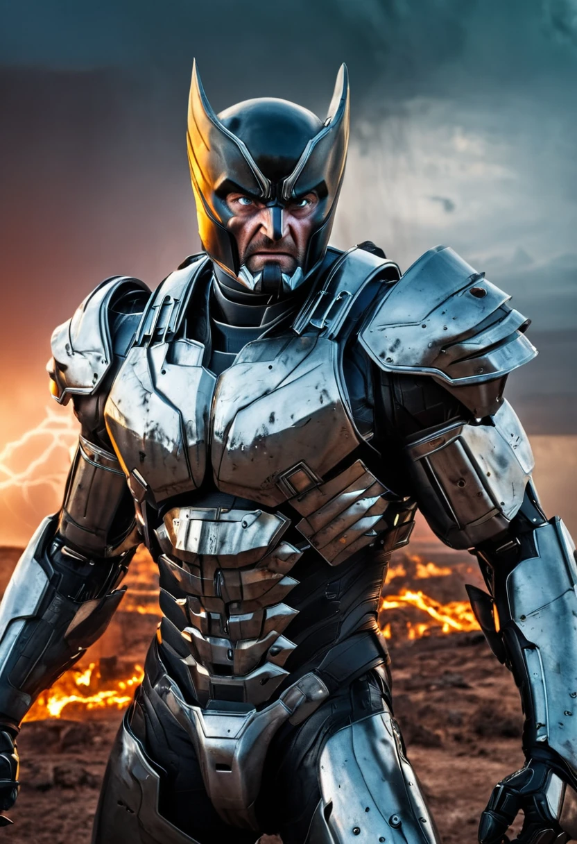 Marvel - Wolverine, close-up, brilliant lightning. He wears a mechanized robot armor, carved with animal elements, human skulls. The sky is filled with swirling, fiery clouds. Their eyes are filled with sadness and longing. The background is a trail of blood and violence. The photo conveys a strong sense of the warrior's appearance, afer winning the great battle to save the world. Photo taken with Canon EOS R5 85mm f/11, ((sharp)) mode of people and surrounding landscape. Image quality ((8K)), ((realistic)), ((masterpiece)), ((sharp and highest contrast)), ((amazing depth of field)), ((stereoscopic lighting)), ((Cinematic lighting))