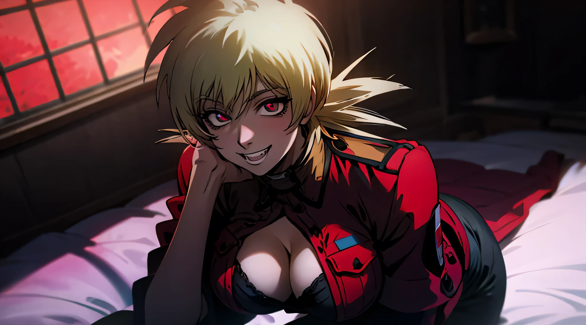 A woman in a red uniform, scarlet eyes, unbuttoned shirt revealing black lingerie and deep cleavage, smiling with vampire fangs, seductive pose, 8k, photorealistic, high quality, chiaroscuro lighting, cinematic, dark moody atmosphere, dramatic shadows, supernatural, gothic, erotic