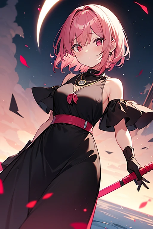 One Girl,Short Hair, Bangs between the eyes, Pink Hair,Small breasts,Red eyes, Cold look,black long dress,White Haori,Red and black sword,Crescent moon reflected on the water,Black gloves,Pink pendant,Dutch Angle,