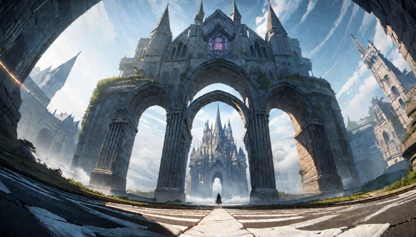 anime aestetics, anime scenery, gigantic stone arch, the sea on the left, foggy day, white mist over the town, gothic castle in the far behind the arch, black and white stone, epic structure, dark fantasy aestetics, road leading to the sea under the arch, wallpapr, fisheye, perspective, atmospheric perspective, wide shot, highres, best quality, award winning, 8k, 4K, super detail, masterpiece, UHD