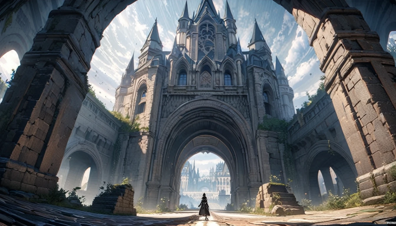  anime aestetics, anime scenery, gigantic stone arch, the sea on the left, foggy day, white mist over the town, gothic castle in the far behind the arch, black and white stone, epic structure, dark fantasy aestetics, road leading to the sea under the arch, wallpapr, fisheye, perspective, atmospheric perspective, wide shot, highres, best quality, award winning, 8k, 4K, super detail, masterpiece, UHD