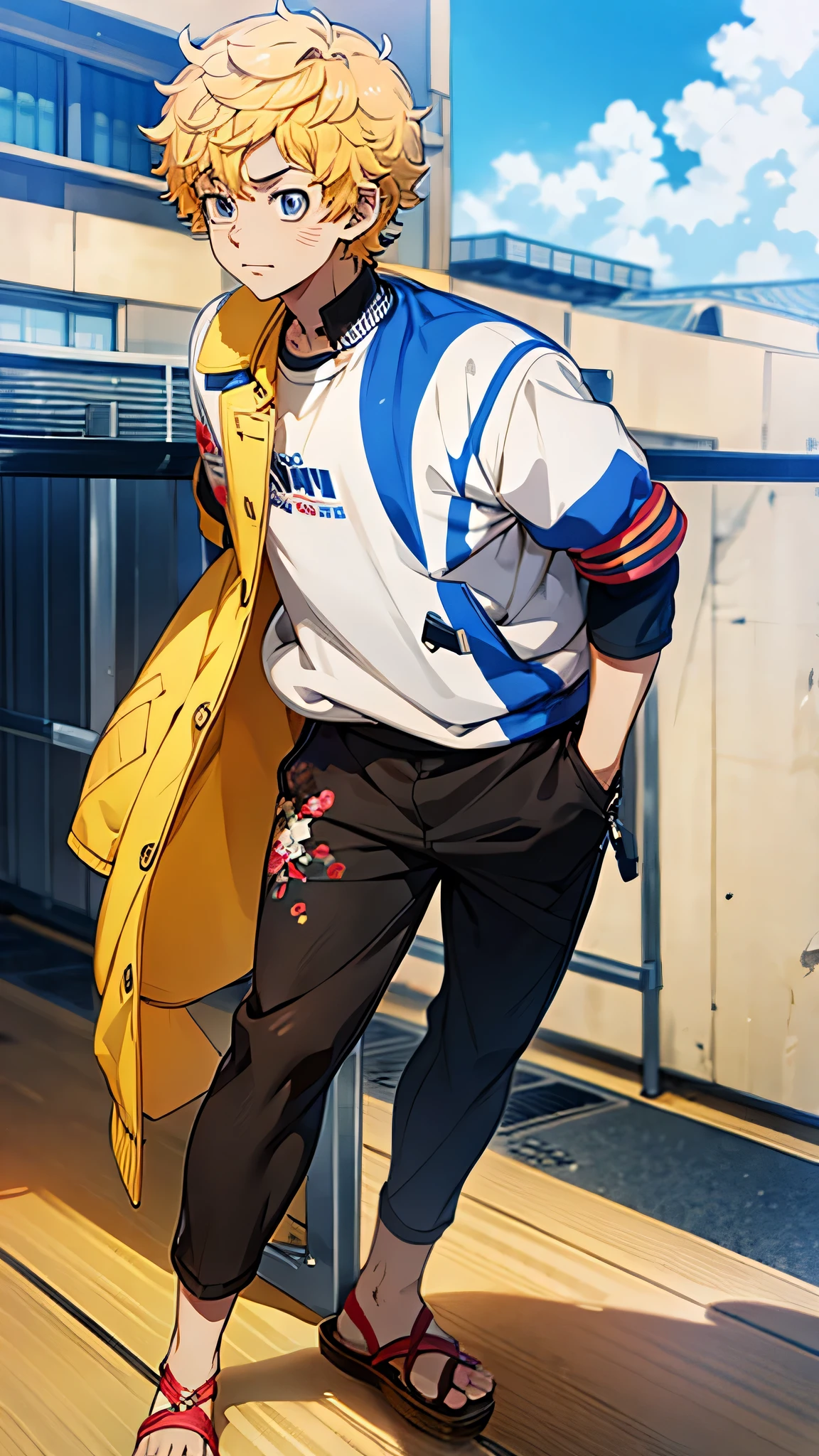 PHOTO OF AN ADULT MALE ANIME CHARACTER NAME "TAKEMICHI HANAGAKI" WITH SHORT YELLOW PUNK HAIR WITH HIP-HOP CLOTHES, AS WELL AS HIP-HOP TROUSERS, RED FLOP SANDALS, AND AN ABSTRACT CALLIGRAPHY BACKGROUND.