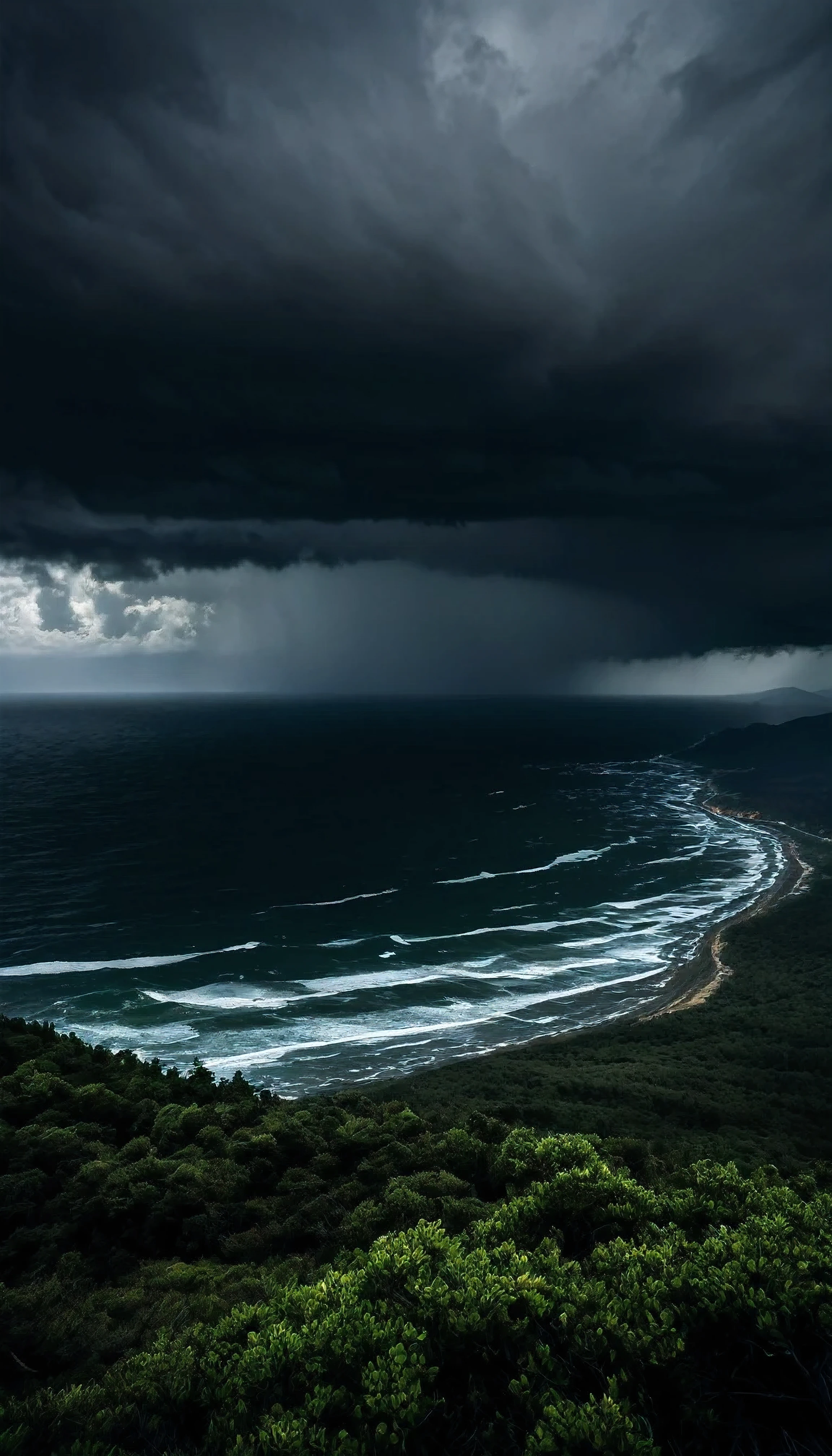Dark cinematic lighting,cloudy,dark cloud,dark sky,stormy,windy day,view from top of the mountain, forestry view, sea view with rough seawave