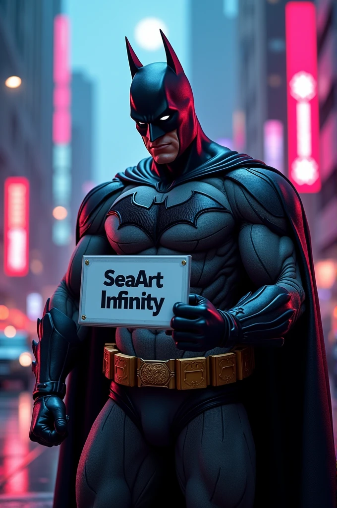 batman holding a sign that says SeaArt Infinity, SeaArt Infinity, hero pose colorful city lighting, from movie batman, dan mumford. 8 k octane render, anigirl batman, 8k render”, cyberpunk batman, adam west as batman 2022, the batman, inspired by Jim Lee, 8k comic art, dan mumford. octane render, high detail iconic character