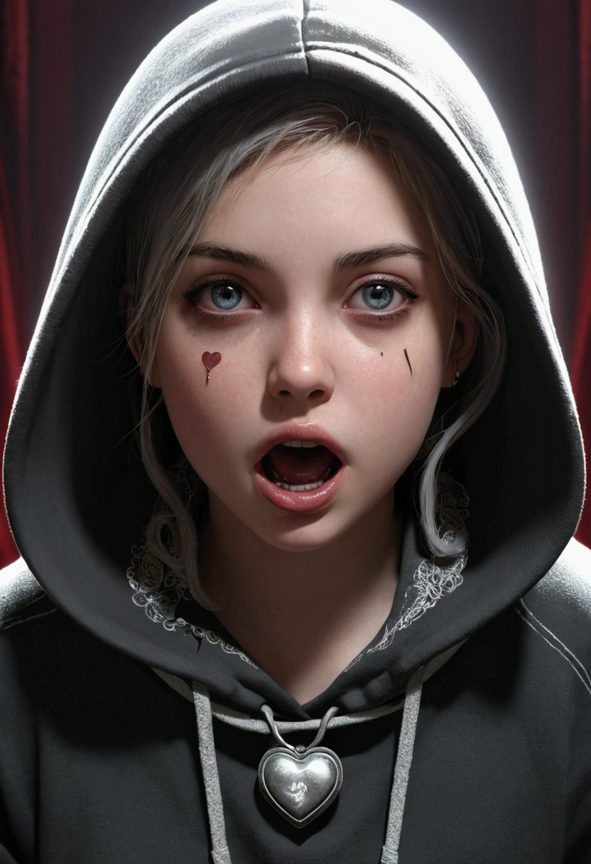 masterpiece,1girl,solo ,heart-shaped pupils,open mouth,hoodie,,  stationary restraints,