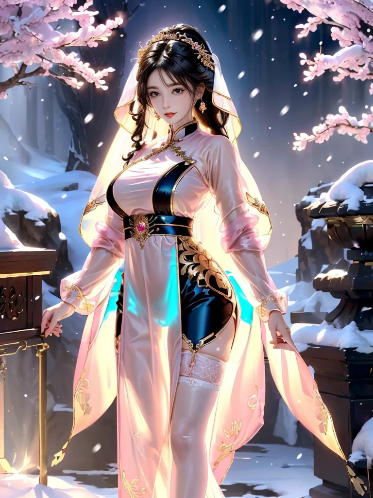 A female model, (Race:Chinese),((night, Snowy mountain hot spring, moonlight, snow)), (8K Ultra HD, 8K, Ultra-high resolution, best quality, masterpiece, Surrealism, Digital SLR Camera, Soft Light, Bokeh, Masterpieces), ((((Beautiful model-like face))), (Creating the image of a real girl), warm light, Realistic shadows, Dynamic poses, Elegant Posture, Cowboy lens, Full body front view, Be confident, Body facing the camera, Standing facing the camera, Open your legs slightly, Golden Ratio Graphics, Minimalism), (Happy smile, Big watery eyes, Cherry Blossom, Balanced Eyes, Perfect beautiful face, Normal facial features, Realistic skin, Attention to skin details, Sports body, cosmetic, earrings, bracelet, necklace, Jewelry, veil, Hair accessories, Headdress), ((beautiful hair), black hair, Wavy curly hairstyle, Waist-length hair, Messy Hairstyle, Gradient hairstyles, Cyberpunk hairstyle), ((Transparent clothes：1.5), (The color of the clothes: Pink), Transparent Clothes, See-through clothes, Transparent Clothes, Tulle clothes, Mesh clothes, Transparent T-shirt, Transparent sci-fi clothes, Shiny micro bikini bra, (Clothes that accentuate your bust shape)), (Sexy的, Perfect breast shape, Teardrop chest shape, Snow-white breasts, very detailed breasts, 34E cup), (Super high waist, Deep V, Low-cut, Sexy, Flattering, , (Camel toe, High fork strangulation)), (sock, Knee socks, 吊garter, Leg ring, garter, 腿部garter), (pattern:line)
