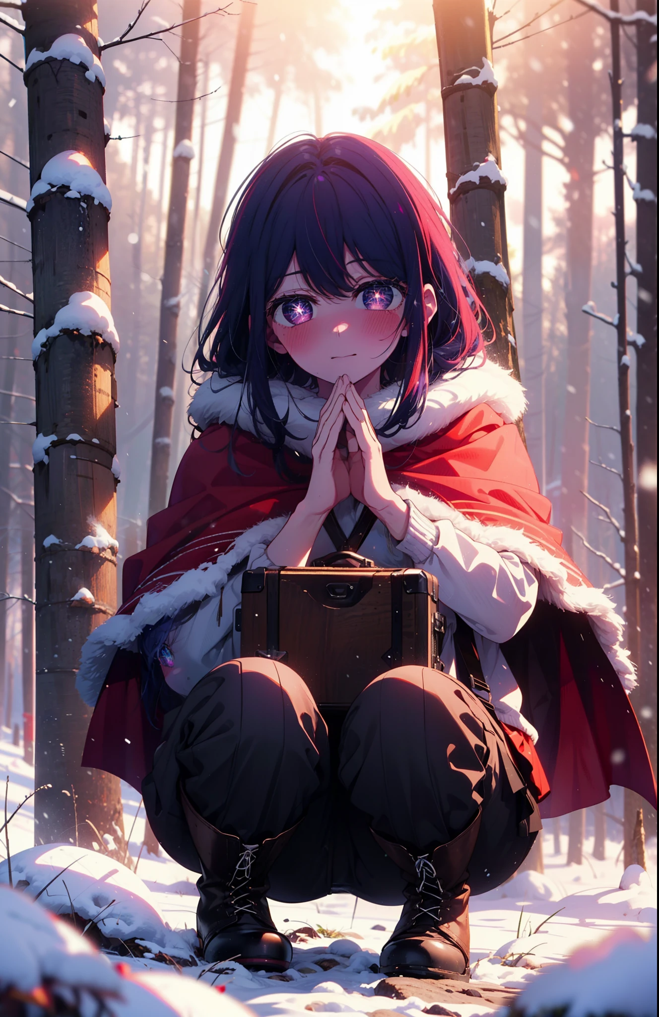 aihoshino, Ai Hoshino, Long Hair, bangs, (Purple eyes:1.1), Purple Hair, (Symbol-shaped pupil:1.5), smile,,smile,blush,white breath,
Open your mouth,snow,Ground bonfire, Outdoor, boots, snowing, From the side, wood, suitcase, Cape, Blurred, , forest, White handbag, nature, Squat, Mouth closed, Cape, winter, Written boundary depth, Black shoes, red Cape break looking at viewer, Upper Body, whole body, break Outdoor, forest, nature, break (masterpiece:1.2), Highest quality, High resolution, unity 8k wallpaper, (shape:0.8), (Beautiful and beautiful eyes:1.6), Highly detailed face, Perfect lighting, Highly detailed CG, (Perfect hands, Perfect Anatomy),