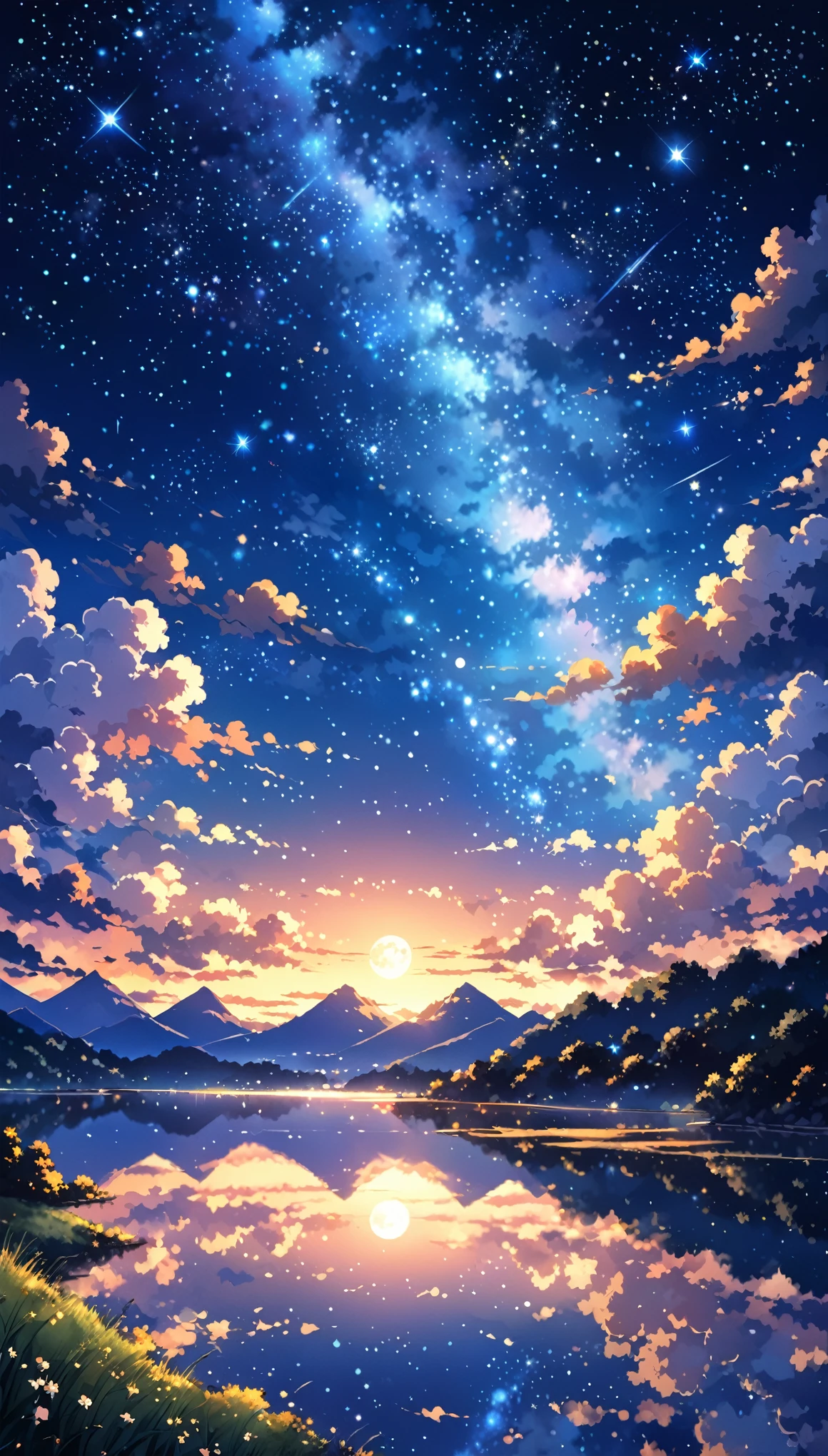Fantastic sky with stars and clouds,Anime General Color,Night view,Moonlit Starry Sky Environment,Amazing view at sunset。