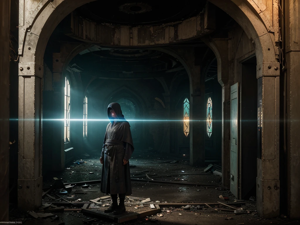 In the ethereal dystopian teleportation station, the flickering lights of ancient technology illuminate the faded walls adorned with mysterious symbols. A figure, cloaked in tattered robes and clutching a glowing orb, stands at the center, gazing into the swirling vortex before them. This haunting scene is captured in a stunning, hyper-realistic photograph, showcasing the intricate details of the abandoned station. The colors are rich and vibrant, from the deep shadows to the ethereal glow of the portal, creating a sense of otherworldly beauty amidst the decay.