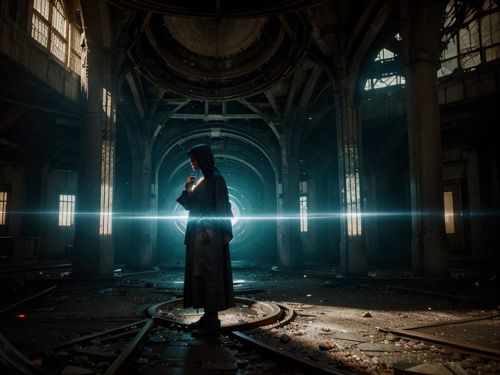 In the ethereal dystopian teleportation station, the flickering lights of ancient technology illuminate the faded walls adorned with mysterious symbols. A figure, cloaked in tattered robes and clutching a glowing orb, stands at the center, gazing into the swirling vortex before them. This haunting scene is captured in a stunning, hyper-realistic photograph, showcasing the intricate details of the abandoned station. The colors are rich and vibrant, from the deep shadows to the ethereal glow of the portal, creating a sense of otherworldly beauty amidst the decay.