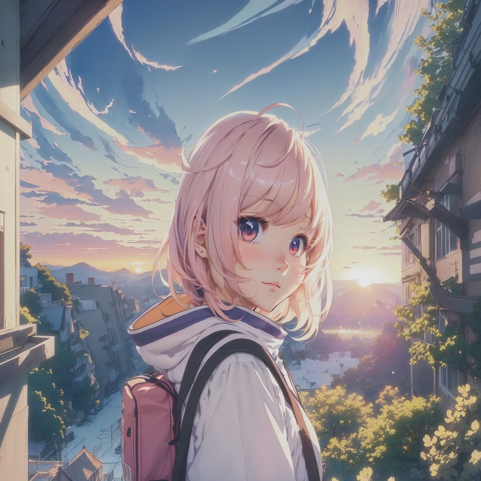anime girl with backpack looking out of window at sunset, anime style 4 k, anime wallpaper 4k, anime wallpaper 4 k, best anime 4k konachan wallpaper, anime art wallpaper 4 k, anime art wallpaper 4k, 4k anime wallpaper, anime art wallpaper 8 k, anime visual of a cute girl, lofi girl, anime style. 8k