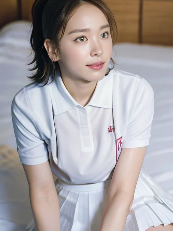 (Masterpiece, Best quality: 1.4), (Ultra realistic, Photo-realistic: 1.2), From above, From side, Sitting, (Seductive pose: 1.1), Looking at viewer, Natural light, 28 years old actress, Japanese women, Slender, Neat and clean, ponytail hairstyle, Short wavy hair, ((Wearing white tennis uniform, White short-sleeve polo shirt, Not buttoning the polo shirt, White pleated tennis skirt: 1.3)), (unbutton:1.2), Wearing white sock, (Beautiful face), Oval face, clear, Beautiful eyes, Kind eyes, Clear skin, Small face, Beautiful mouth, Small mouth, Natural makeup, Approachable, Seductive smile, Beautiful thighs, (Bedroom eyes: 1.1), Embarrassed, Blush, Luxury hotel Suite room, On bed,