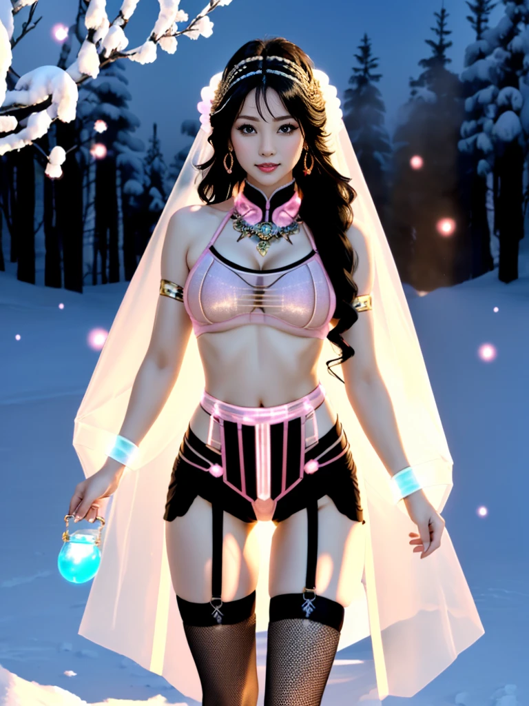 A female model, (Race:Chinese),((night, Snowy mountain hot spring, moonlight, snow)), (8K Ultra HD, 8K, Ultra-high resolution, best quality, masterpiece, Surrealism, Digital SLR Camera, Soft Light, Bokeh, Masterpieces), ((((Beautiful model-like face))), (Creating the image of a real girl), warm light, Realistic shadows, Dynamic poses, Elegant Posture, Cowboy lens, Full body front view, Be confident, Body facing the camera, Standing facing the camera, Open your legs slightly, Golden Ratio Graphics, Minimalism), (Happy smile, Big watery eyes, Cherry Blossom, Balanced Eyes, Perfect beautiful face, Normal facial features, Realistic skin, Attention to skin details, Sports body, cosmetic, earrings, bracelet, necklace, Jewelry, veil, Hair accessories, Headdress), ((beautiful hair), black hair, Wavy curly hairstyle, Waist-length hair, Messy Hairstyle, Gradient hairstyles, Cyberpunk hairstyle), ((Transparent clothes:1.5), (The color of the clothes: Pink), Transparent Clothes, See-through clothes, Transparent Clothes, Tulle clothes, Mesh clothes, Transparent T-shirt, Transparent sci-fi clothes, Shiny micro bikini bra, (Clothes that accentuate your bust shape)), (Sexy的, Perfect breast shape, Teardrop chest shape, Snow-white breasts, very detailed breasts, 34E cup), (Super high waist, Deep V, Low-cut, Sexy, Flattering, , (Camel toe, High fork strangulation)), (sock, Knee socks, 吊garter, Leg ring, garter, 腿部garter), (pattern:line)
