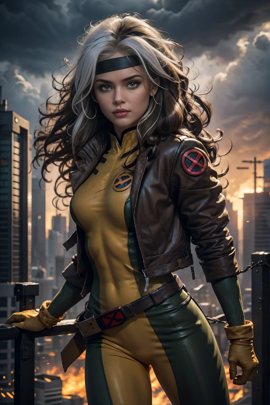 (Whole body),Rogue of the X-men,beautiful detailed eyes,beautiful detailed lips,extremely detailed eyes and face,long eyelashes,hair with beige and white highlights,messy wavy hair,green eyes expressive eyes,Pale skin,fierce expression,powerful aura,Safe posture,The characteristic white streak of hair of the rogue.,powerful energy surging from your body,torn and tied gloves,green and yellow tight jumpsuit,Black combat boots,worn leather jacket,Ripped jeans,gritty and dark lighting,cityscape background,rising sun in the distance,cloudy sky,moody atmosphere,comic style,paint-like medium,vibrant colors,high contrast,sharp details,classic superhero pose