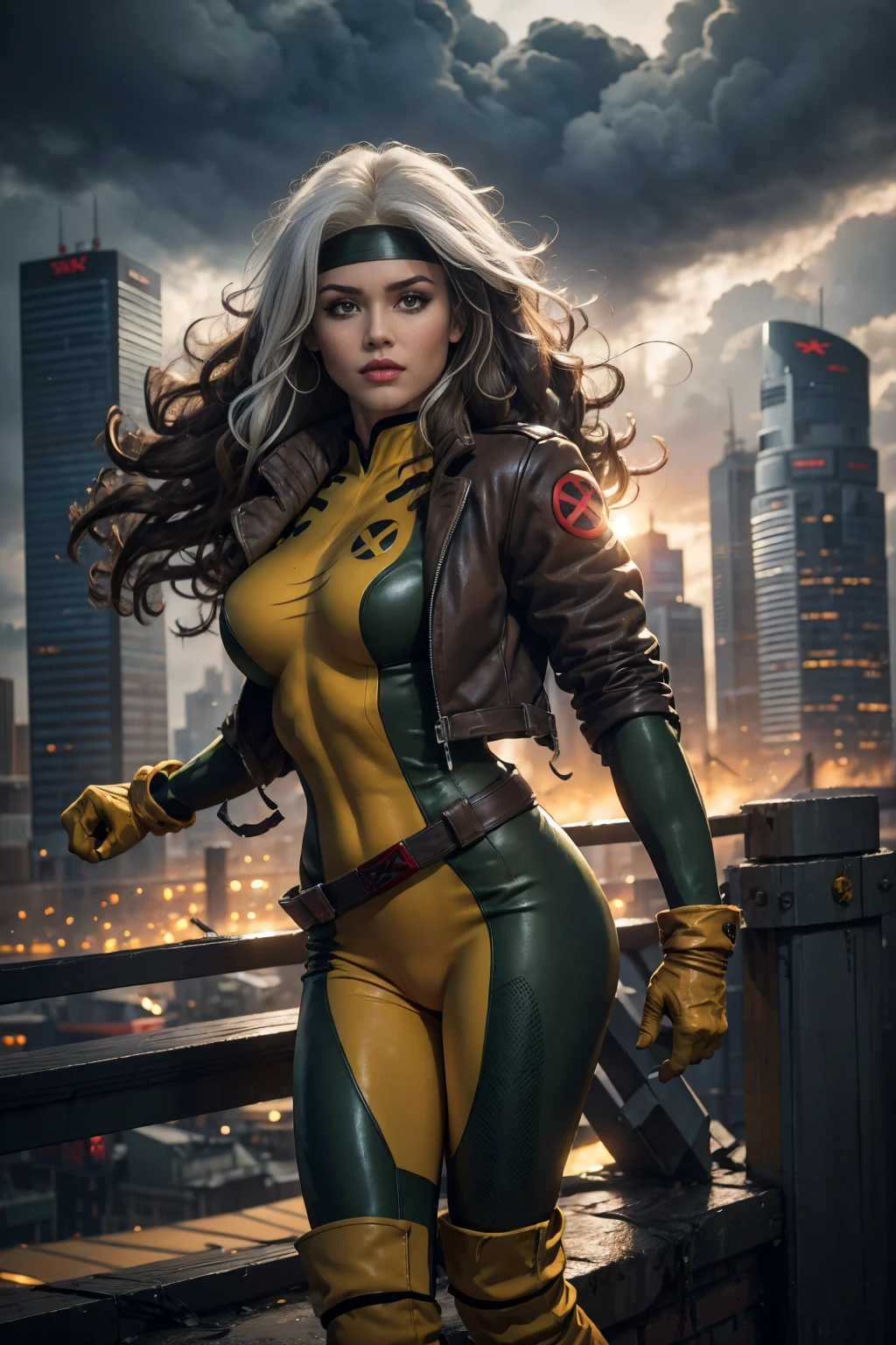(Whole body),Rogue of the X-men,beautiful detailed eyes,beautiful detailed lips,extremely detailed eyes and face,long eyelashes,hair with beige and white highlights,messy wavy hair,green eyes expressive eyes,Pale skin,fierce expression,powerful aura,Safe posture,The characteristic white streak of hair of the rogue.,powerful energy surging from your body,torn and tied gloves,green and yellow tight jumpsuit,Black combat boots,worn leather jacket,Ripped jeans,gritty and dark lighting,cityscape background,rising sun in the distance,cloudy sky,moody atmosphere,comic style,paint-like medium,vibrant colors,high contrast,sharp details,classic superhero pose