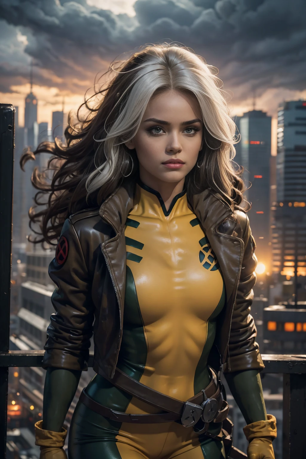 (Whole body),Rogue of the X-men,beautiful detailed eyes,beautiful detailed lips,extremely detailed eyes and face,long eyelashes,hair with beige and white highlights,messy wavy hair,green eyes expressive eyes,Pale skin,fierce expression,powerful aura,Safe posture,The characteristic white streak of hair of the rogue.,powerful energy surging from your body,torn and tied gloves,green and yellow tight jumpsuit,Black combat boots,worn leather jacket,Ripped jeans,gritty and dark lighting,cityscape background,rising sun in the distance,cloudy sky,moody atmosphere,comic style,paint-like medium,vibrant colors,high contrast,sharp details,classic superhero pose
