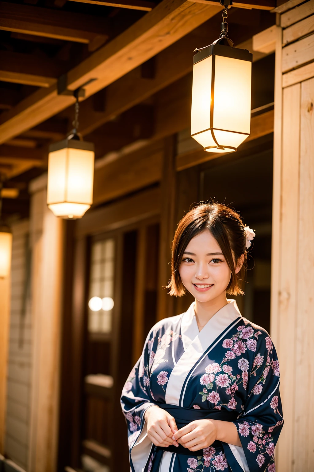 Top quality, A beautiful young woman with very short hair, wearing an elegant yukata adorned with delicate floral patterns. She stands gracefully under a lantern-lit path at a traditional Japanese festival. The soft glow of the lanterns highlights her serene smile and the intricate details of her yukata, creating a captivating and enchanting atmosphere.