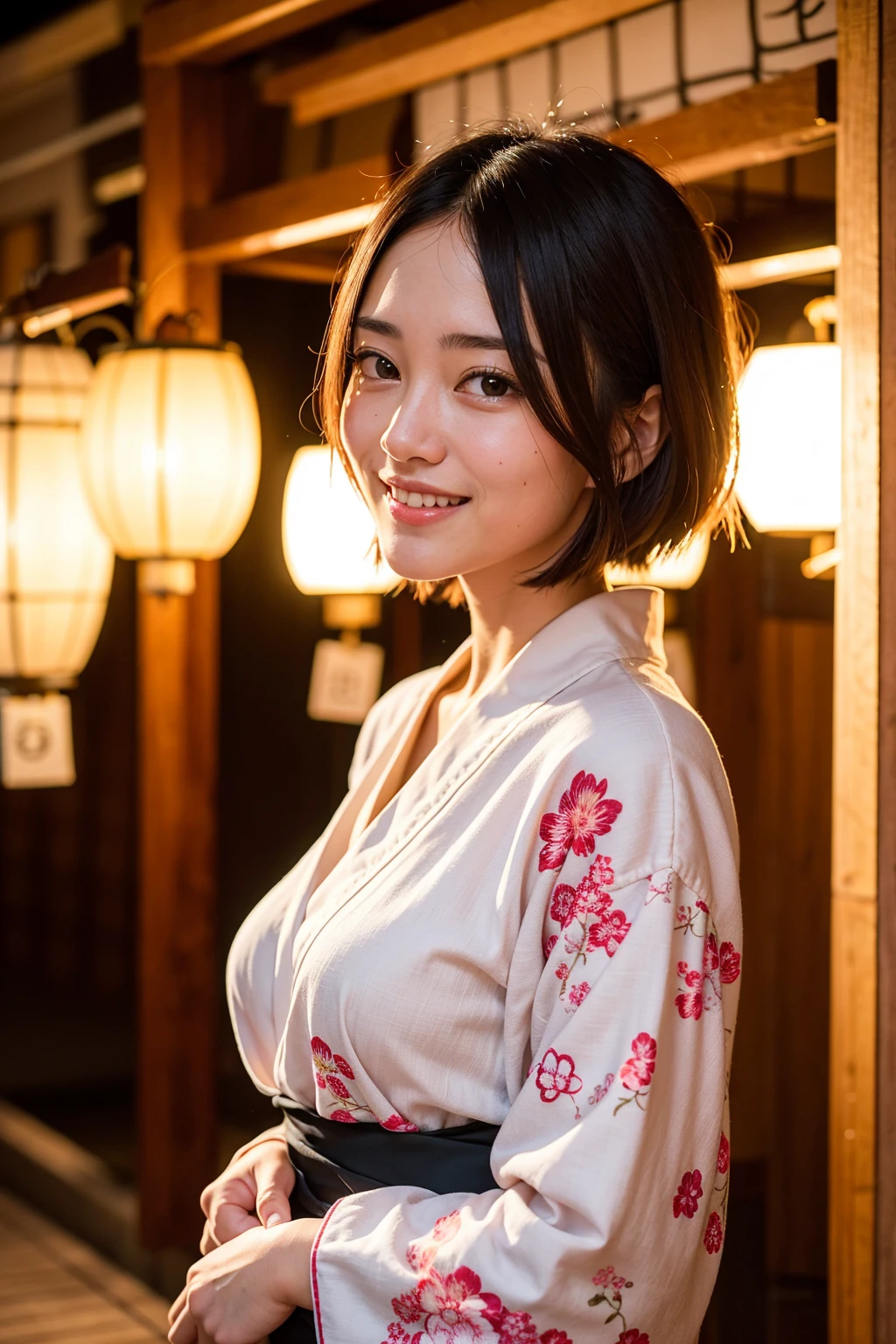 Top quality, A beautiful young woman with very short hair, wearing an elegant yukata adorned with delicate floral patterns. She stands gracefully under a lantern-lit path at a traditional Japanese festival. The soft glow of the lanterns highlights her serene smile and the intricate details of her yukata, creating a captivating and enchanting atmosphere.