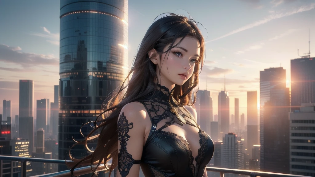 (upper body, beautiful dress), (best quality, masterpiece, high quality, 1girl, solo, (upper body, beautiful dress), illustration, beautiful detailed girl, beautiful detailed glow, beautiful detailed eyes, highres, detailed, high resolution illustraion, ultra-detailed, detailed background, beautiful detailed face), ((background: Generate a 3D banner image showcasing a futuristic cityscape at sunset. Incorporate realistic textures and lighting effects to emphasize the depth and realism of the scene. Highlight tall skyscrapers, neon lights, and flying vehicles, creating a sense of awe and wonder.))