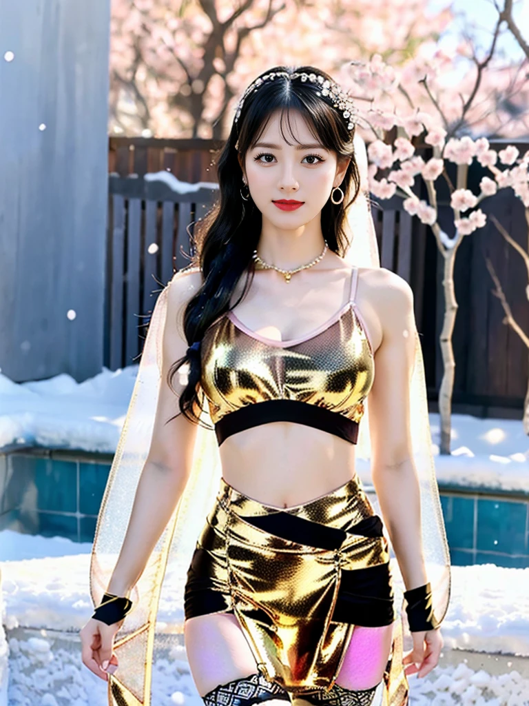 A female model, (Race:Chinese),((night, Snowy mountain hot spring, moonlight, snow)), (8K Ultra HD, 8K, Ultra-high resolution, best quality, masterpiece, Surrealism, Digital SLR Camera, Soft Light, Bokeh, Masterpieces), ((((Beautiful model-like face))), (Creating the image of a real girl), warm light, Realistic shadows, Dynamic poses, Elegant Posture, Cowboy lens, Full body front view, Be confident, Body facing the camera, Standing facing the camera, Open your legs slightly, Golden Ratio Graphics, Minimalism), (Happy smile, Big watery eyes, Cherry Blossom, Balanced Eyes, Perfect beautiful face, Normal facial features, Realistic skin, Attention to skin details, Sports body, cosmetic, earrings, bracelet, necklace, Jewelry, veil, Hair accessories, Headdress), ((beautiful hair), black hair, Wavy curly hairstyle, Waist-length hair, Messy Hairstyle, Gradient hairstyles, Cyberpunk hairstyle), ((Transparent clothes:1.5), (The color of the clothes: Pink), Transparent Clothes, See-through clothes, Transparent Clothes, Tulle clothes, Mesh clothes, Transparent T-shirt, Transparent sci-fi clothes, Shiny micro bikini bra, (Clothes that accentuate your bust shape)), (Sexy的, Perfect breast shape, Teardrop chest shape, Snow-white breasts, very detailed breasts, 34E cup), (Super high waist, Deep V, Low-cut, Sexy, Flattering, , (Camel toe, High fork strangulation)), (sock, Knee socks, 吊garter, Leg ring, garter, 腿部garter), (pattern:line)