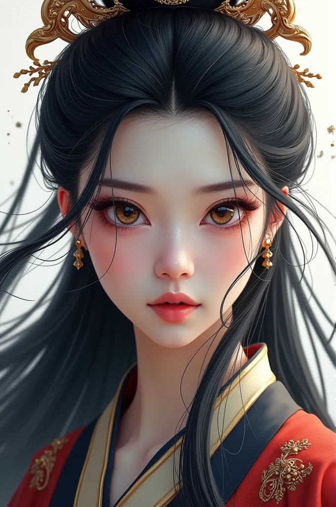 1 girl, beautiful detailed eyes, beautiful detailed lips, extremely detailed eyes and face, long eyelashes, elegant chinese armor, close up portrait, flowing black hair, traditional chinese hanfu dress, frontal view, (best quality,4k,8k,highres,masterpiece:1.2),ultra-detailed,(realistic,photorealistic,photo-realistic:1.37),cinematic lighting, dramatic ink splatter effects, white background, (movie poster), weapon