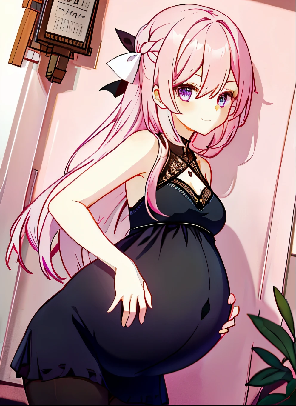 pregnant, 1girl, long_hair, solo, one_eye_closed, open_mouth, blush, black_bow, breasts, eyebrows_visible_through_hair, rating:safe, dress, small_breasts, indoors, smile, looking_at_viewer, bangs, bare_shoulders, black_ribbon, hair_between_eyes, brick_wall, purple_eyes, pink_hair, hand_on_own_stomach, covered_navel
