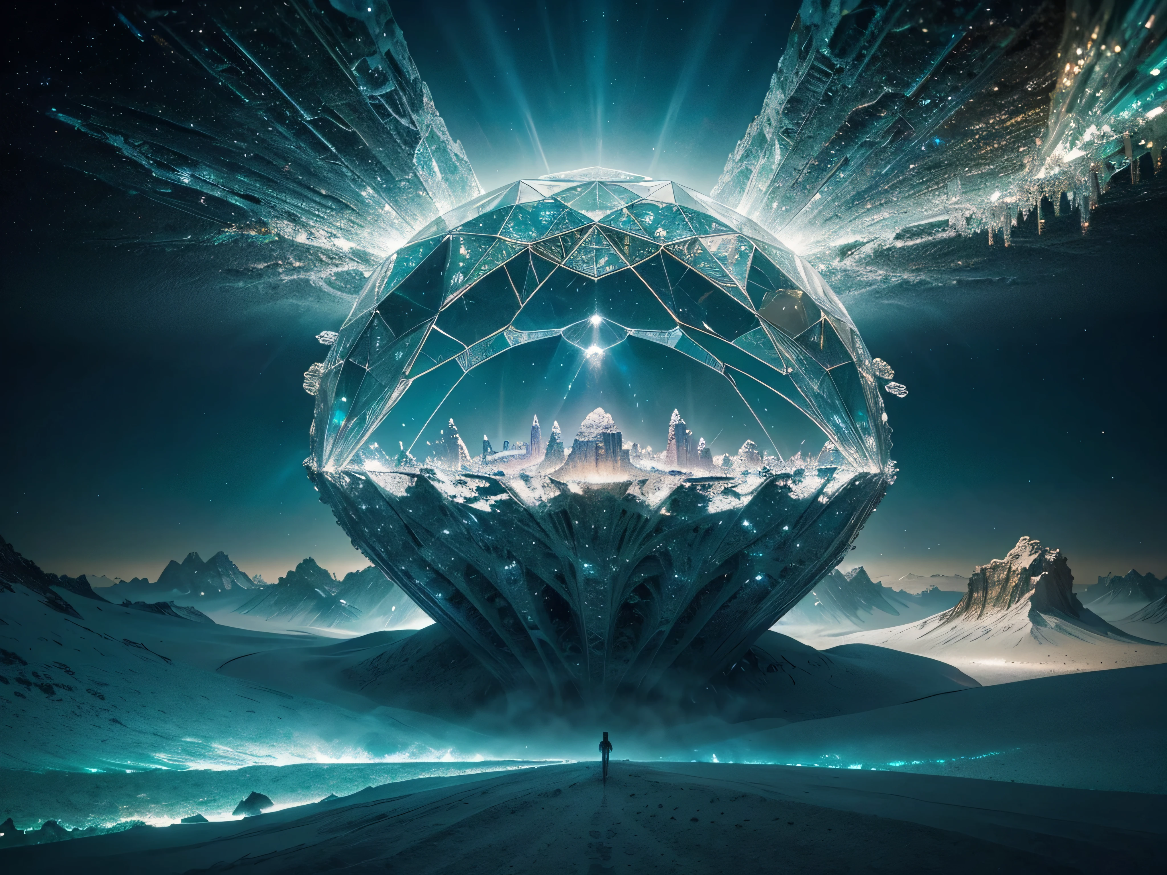 In the midst of a mesmerizingly surreal space oasis, a towering crystal structure catches the eye, its translucent surface refracting light in a dazzling display. In this otherworldly photograph, the intricate details of the crystalline edifice are captured with stunning clarity, gleaming with an ethereal glow. Surrounding it, wisps of twinkling stardust create a dreamlike atmosphere, heightening the sense of wonder and awe. The image is a masterful blend of fantasy and reality, inviting viewers to immerse themselves in a breathtakingly beautiful extraterrestrial landscape.